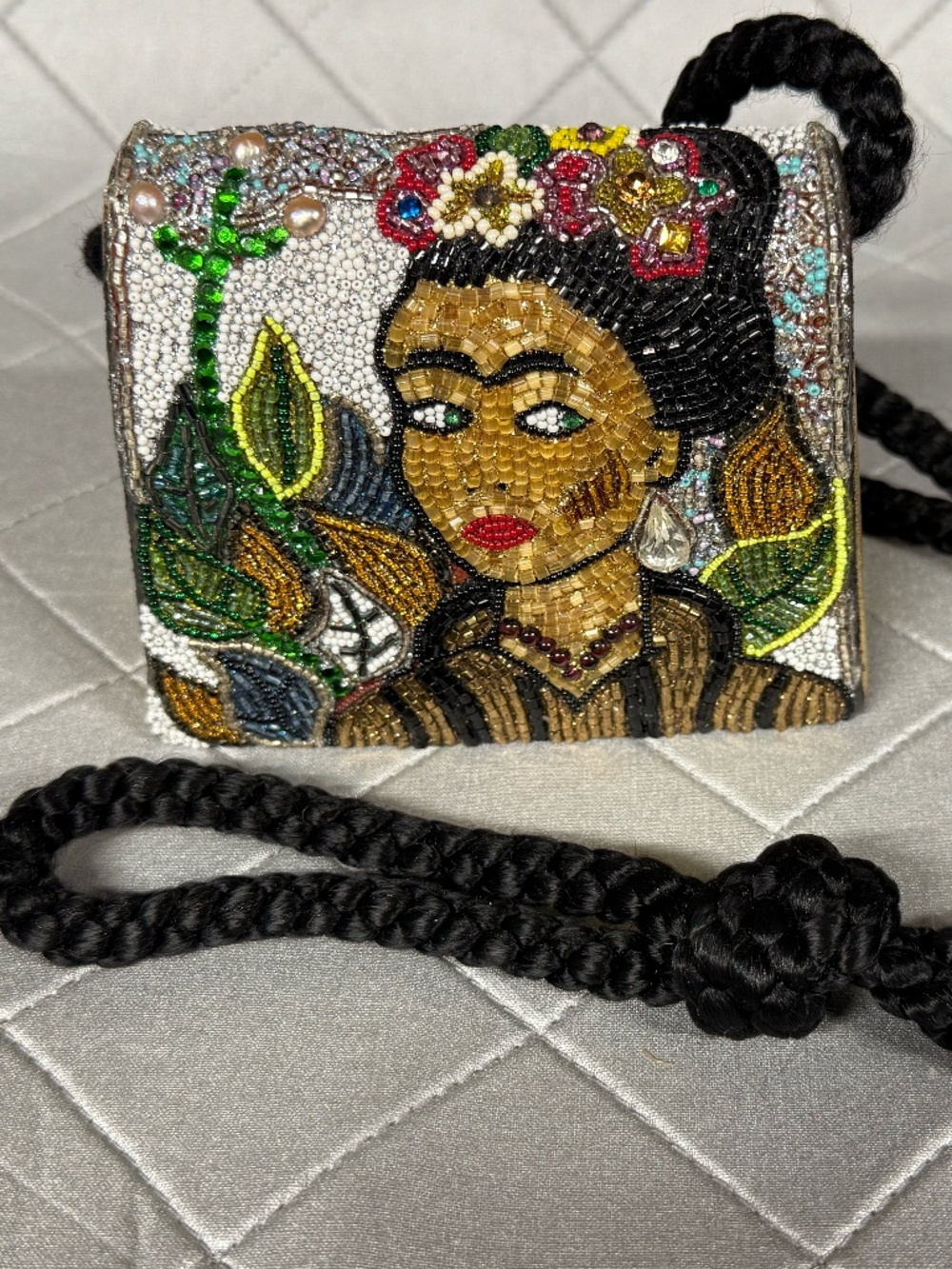 Vintage Bradley Chicago Frida Kahlo Beaded Gold Leather Micro Bag Clutch